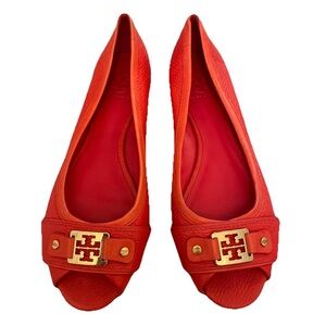 Tory Burch Cline Open Peep Toe Orange Ballet Flats Gold Logo Size 9